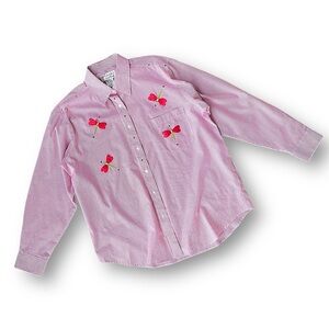 Vintage Red Embroidered Dragonfly Button-Up Long Sleeve Shirt
